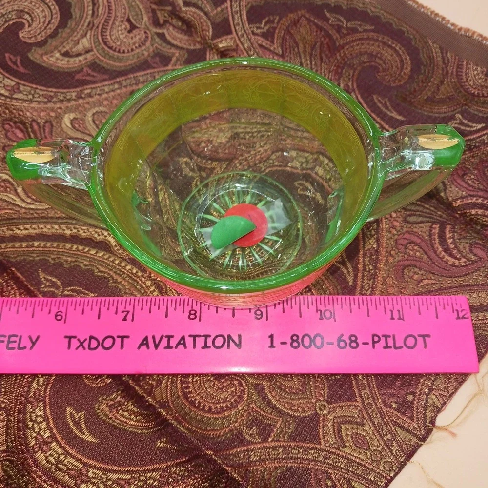 Vtg Green Uranium Glass Creamer & Sugar Bowl Floral w Gold Gilt